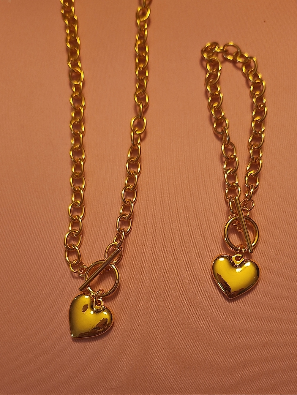 Gold Heart Pendant Chain Necklace & Bracelet- Women's Jewelry